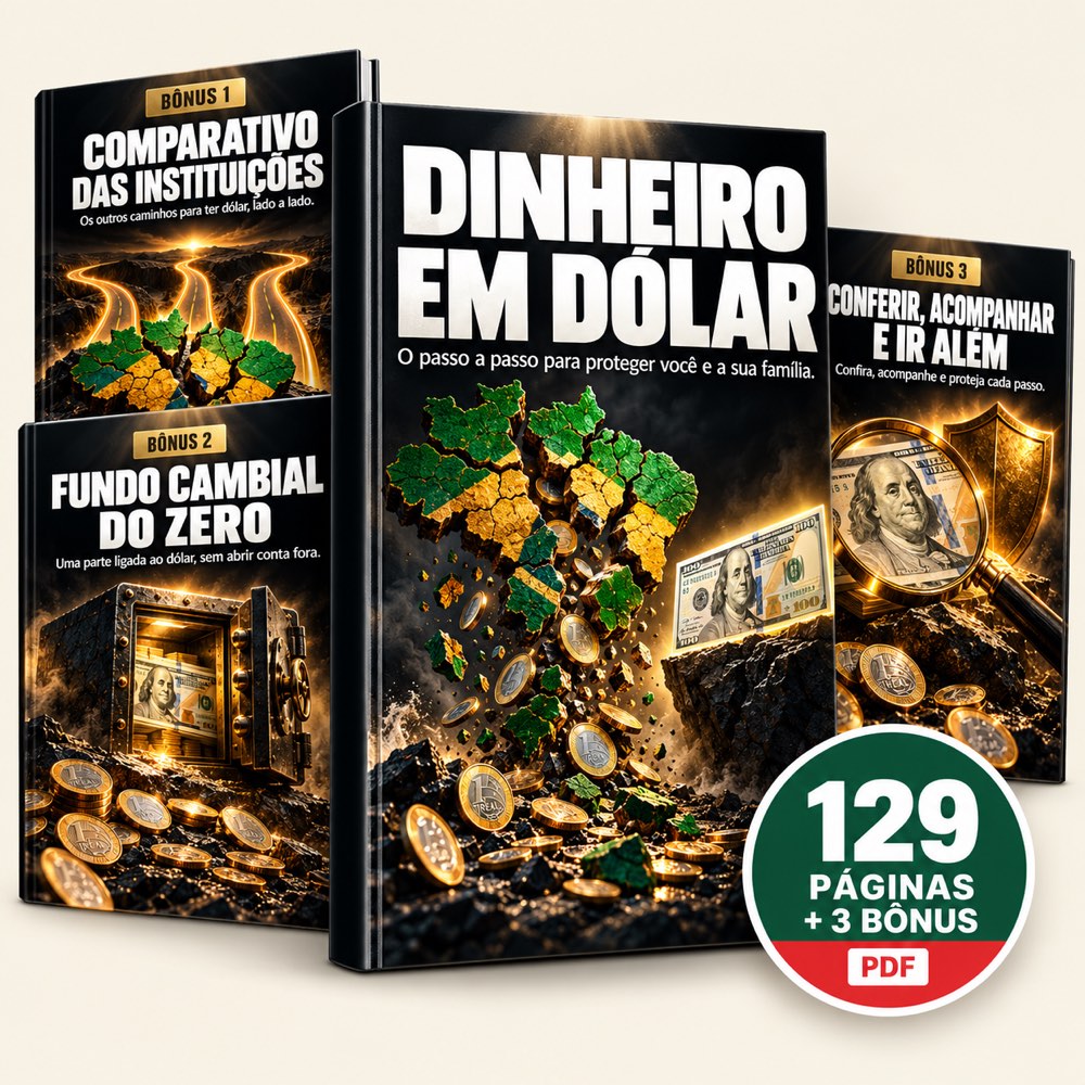 Capa do guia Dinheiro em Dólar com páginas reais em leque e as primeiras páginas dos 3 bônus